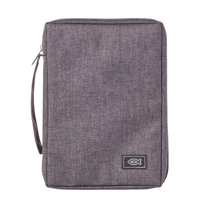 Picture of Gray Poly-canvas Bible Cover with Ichthus Fish Badge