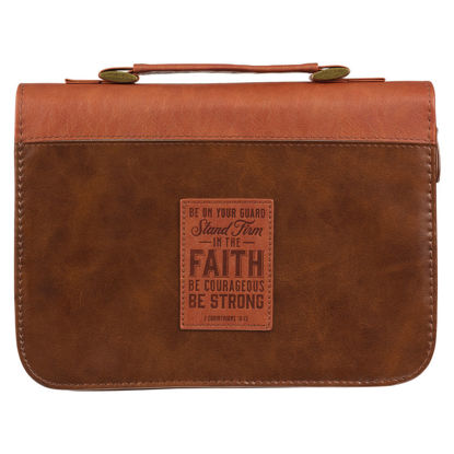 Picture of Stand Firm Two-Tone Brown Faux Leather Classic Bible Cover- 1 Corinthians 16:13